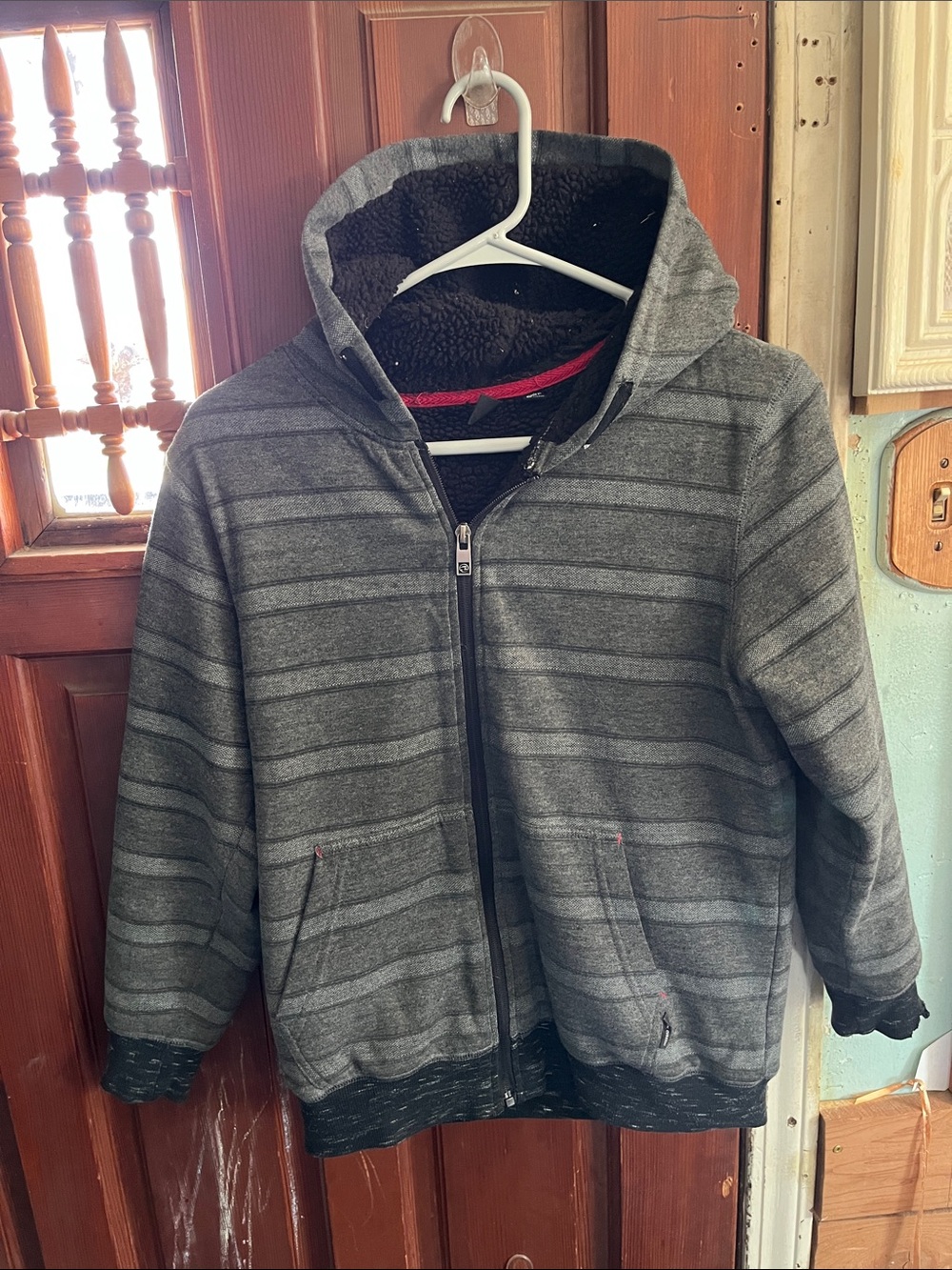 Ocean Current Gray Striped Hooded Puffer Jacket